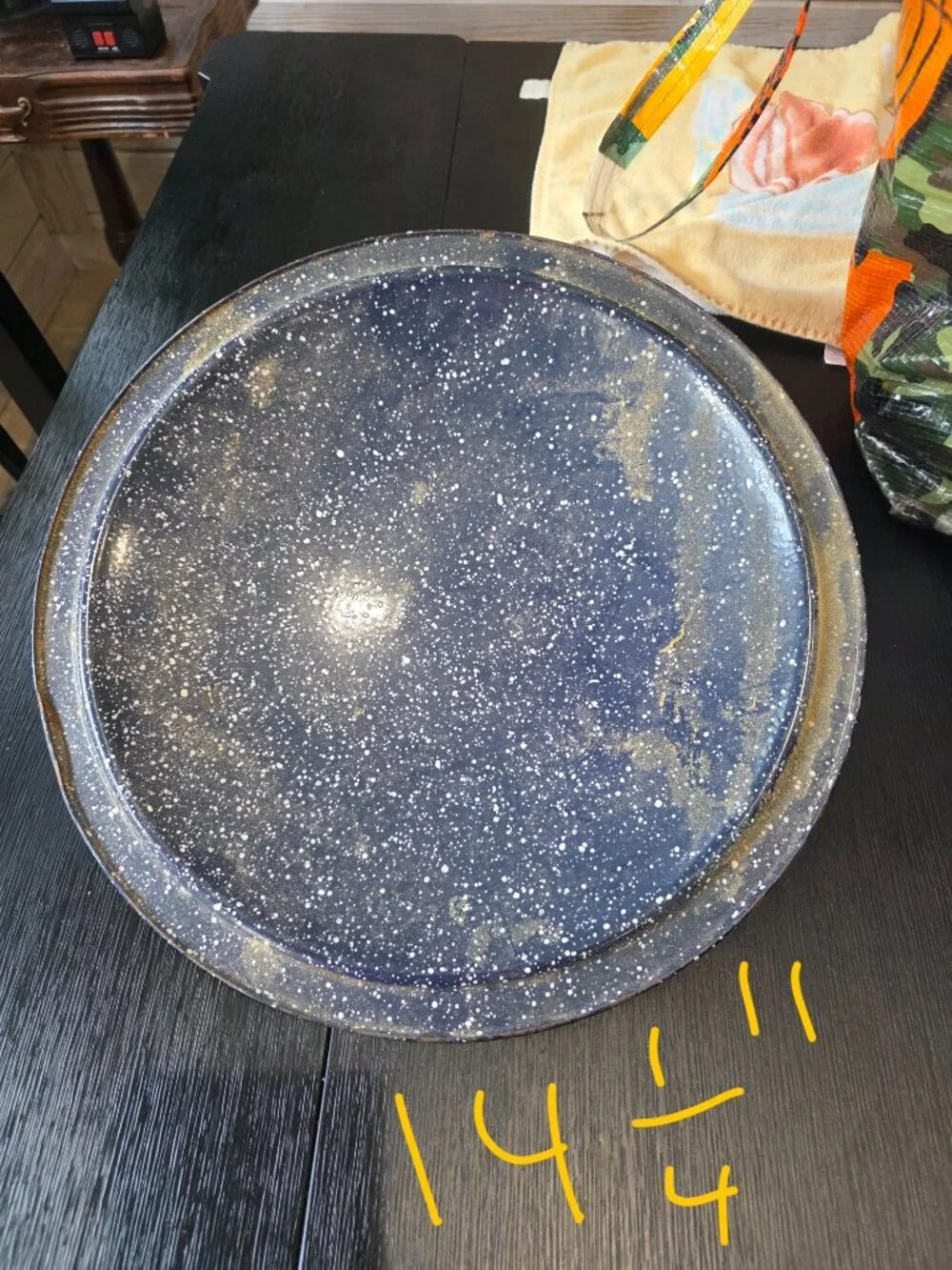 Vintage blue speckled enamel 14 in lid